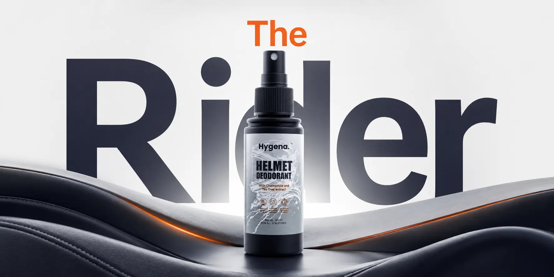 Helmet deodorant bottle with 'The Rider' branding