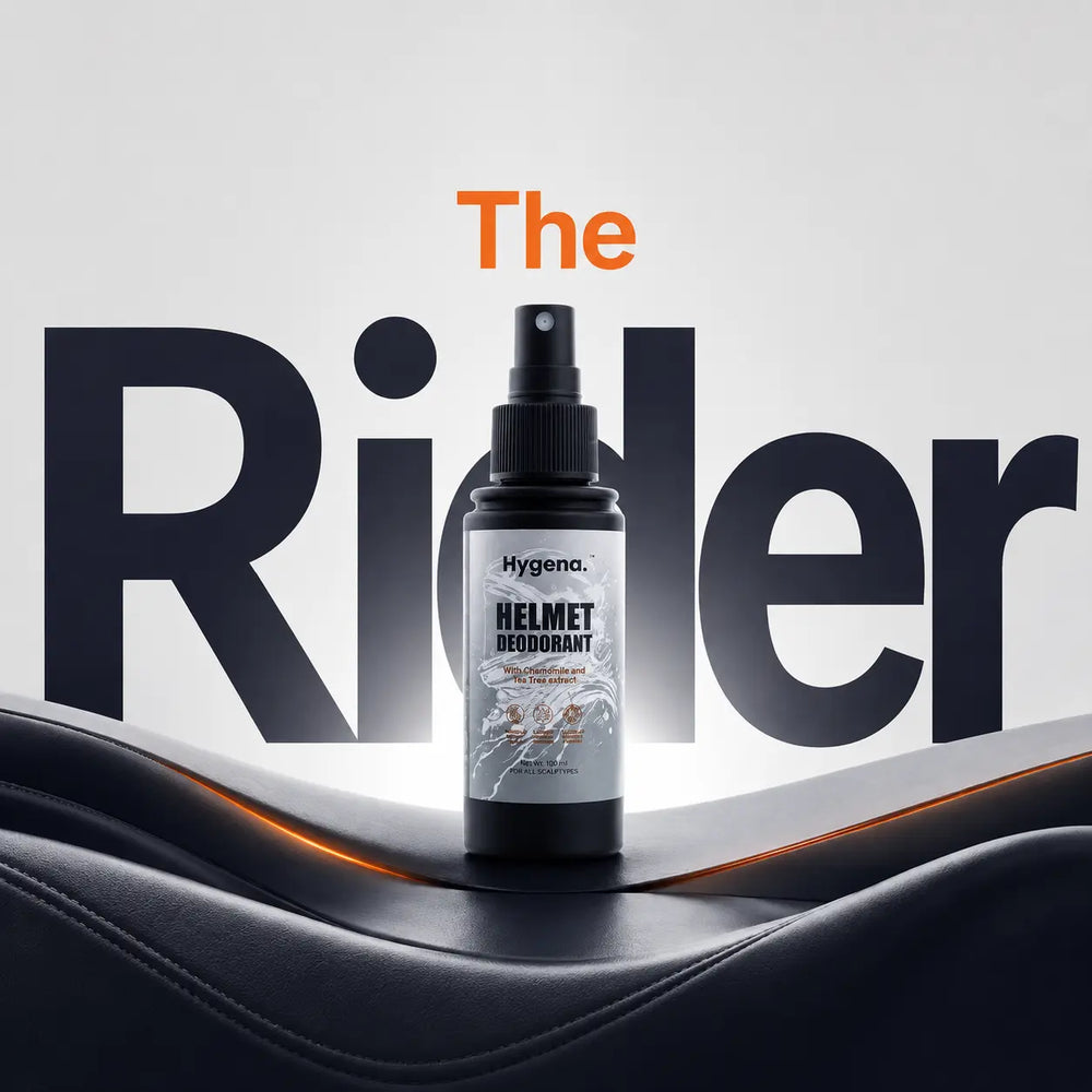 Hygena Helmet Deodorant spray bottle with 'The Rider' text in the background.