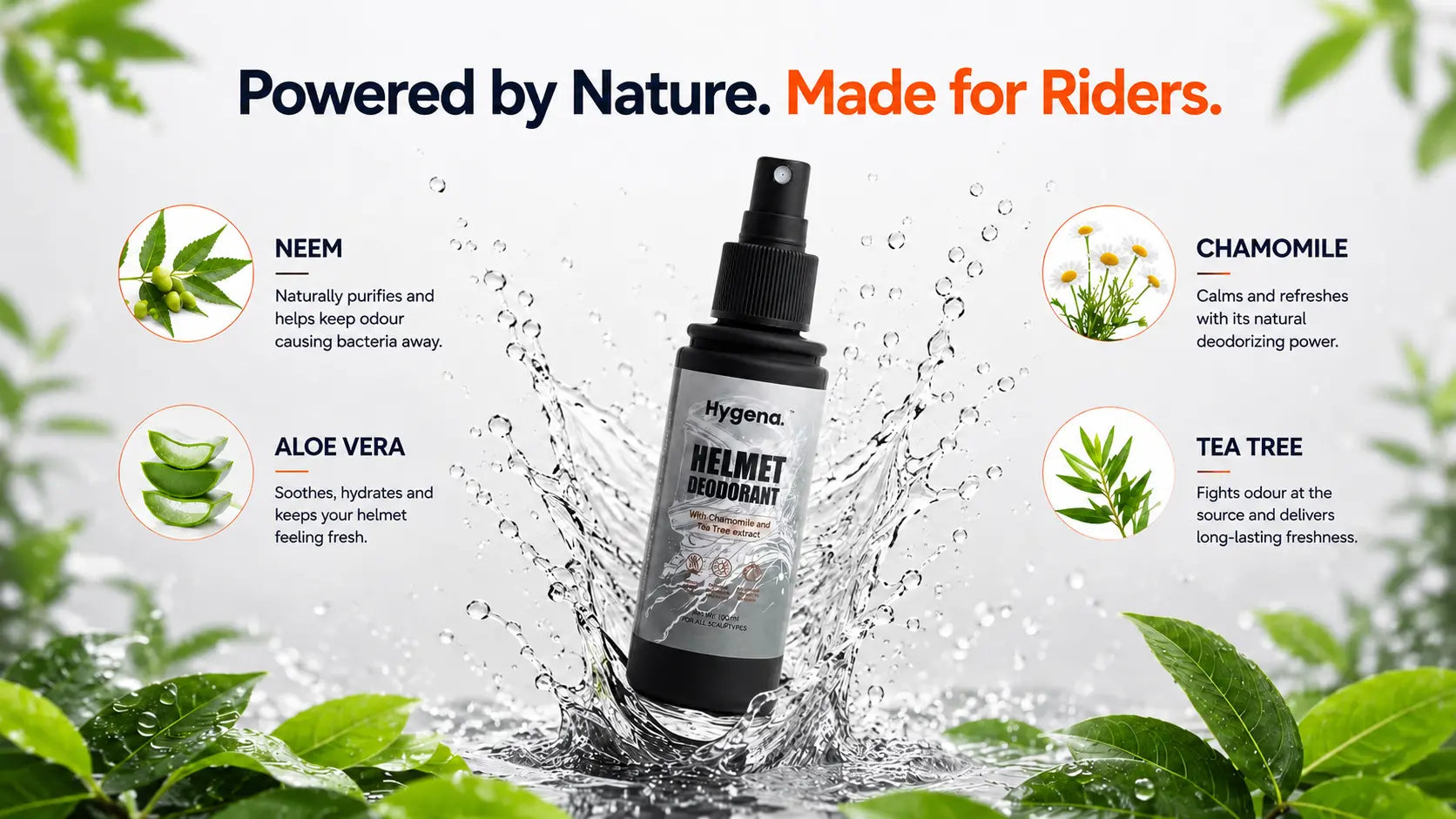 Hygena helmet deodorant bottle with natural ingredients and greenery on a light background