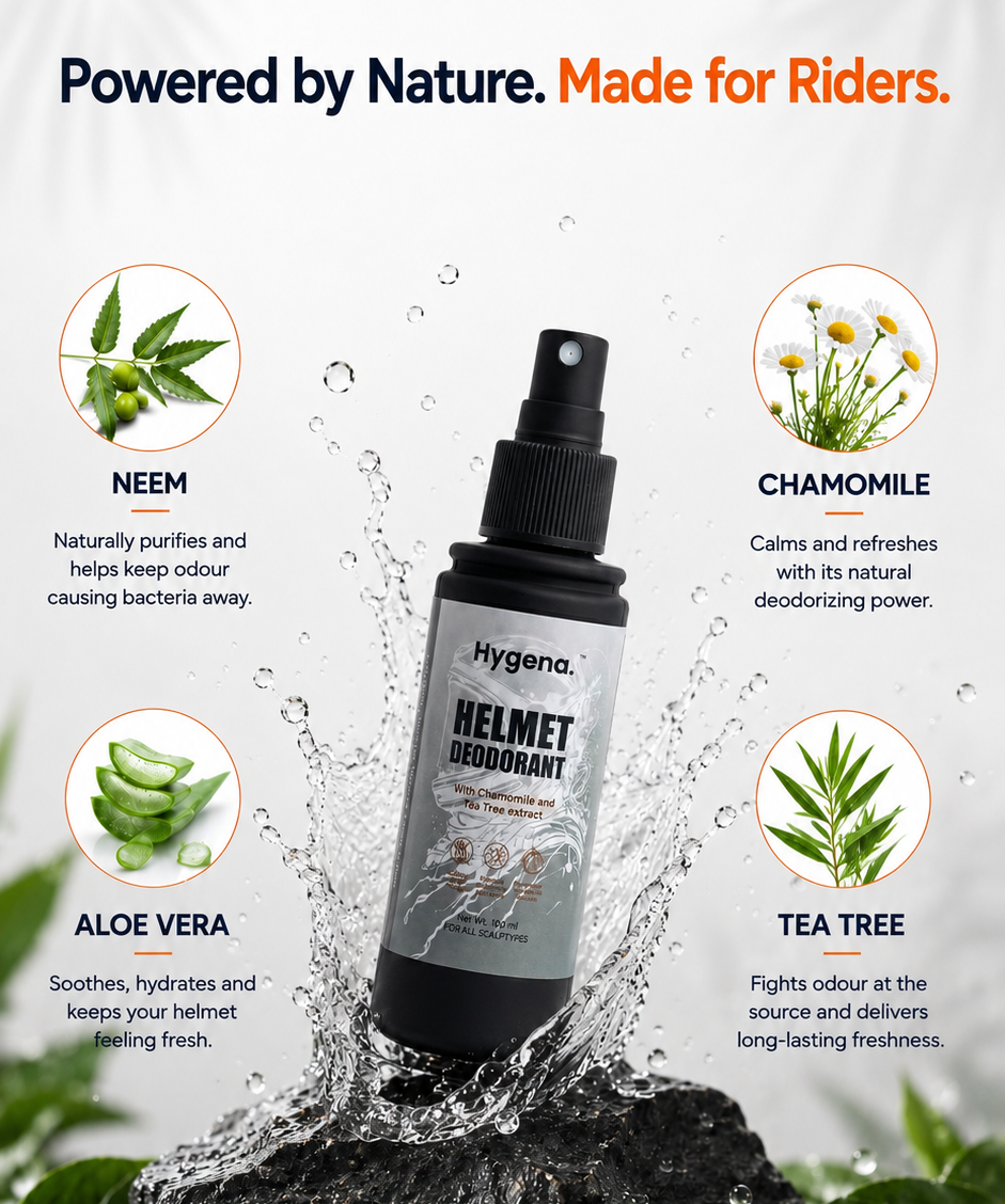 Hygena helmet deodorant spray with natural ingredients and benefits on a nature-themed background.