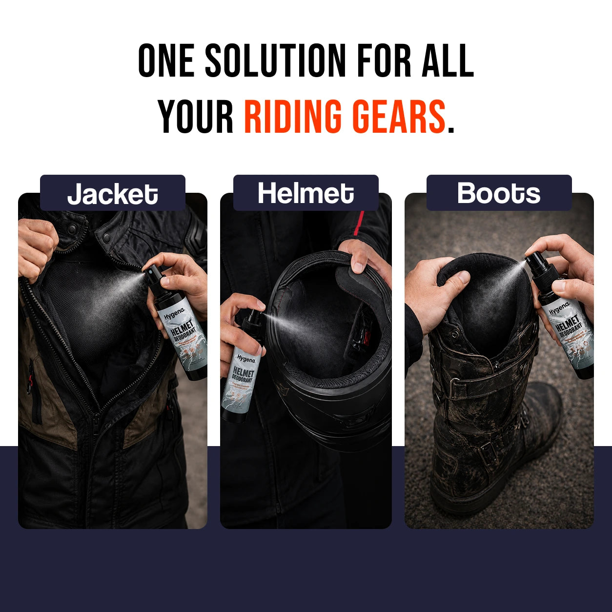 Product being applied to a jacket, helmet, and boots.