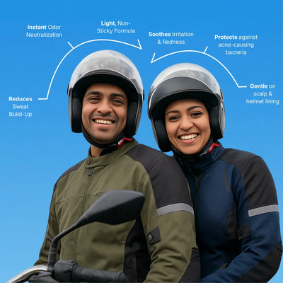 Two people wearing motorcycle helmets with product features listed on a blue background