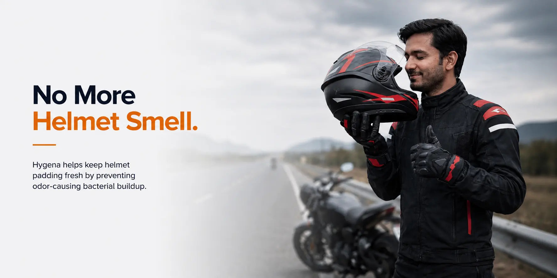 Man holding a helmet with text about preventing helmet smell, on a road background.