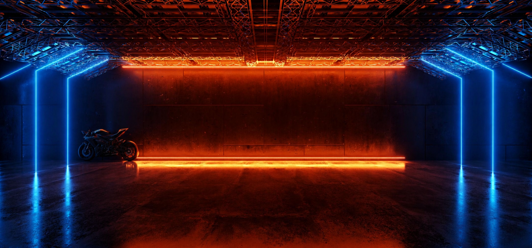 Motorcycle in a dark tunnel with blue and orange lights